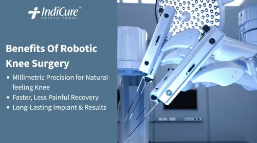 A graphic titled 'Benefits Of Robotic Knee Surgery' that outlines the advantages of the procedure, including millimetric precision and a faster, less painful recovery, with an image of a robotic surgical arm in the background. A graphic titled 'Benefits Of Robotic Knee Surgery' that outlines the advantages of the procedure, including millimetric precision and a faster, less painful recovery, with an image of a robotic surgical arm in the background.